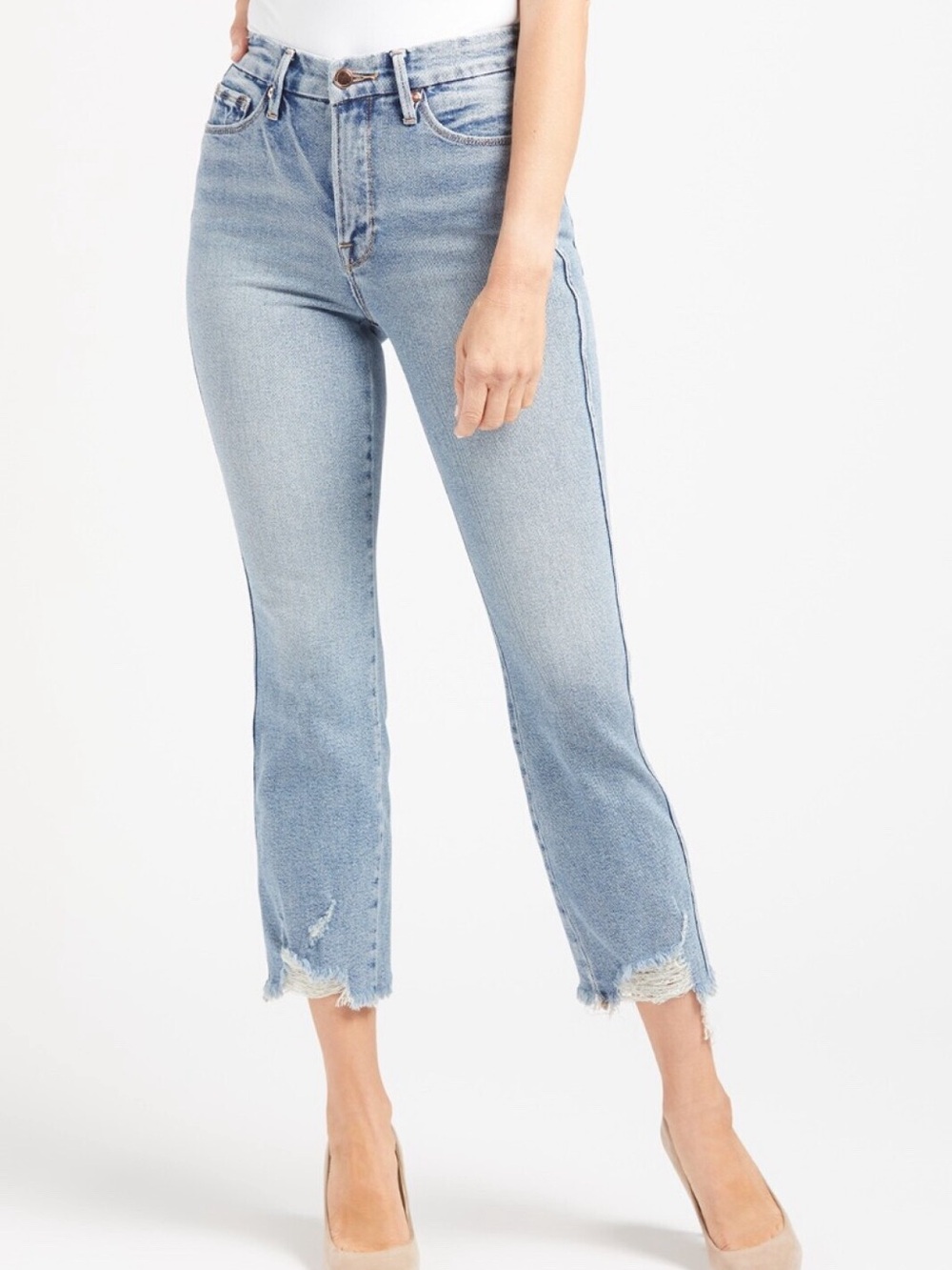 Good American Good Curve Distressed Straight Leg Jeans in Blue 313
